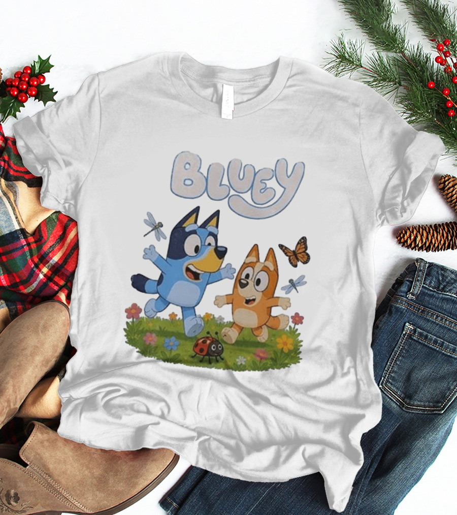 Bluey And Friends Playing With Bugs And Butterflies In The Meadow T-Shirt