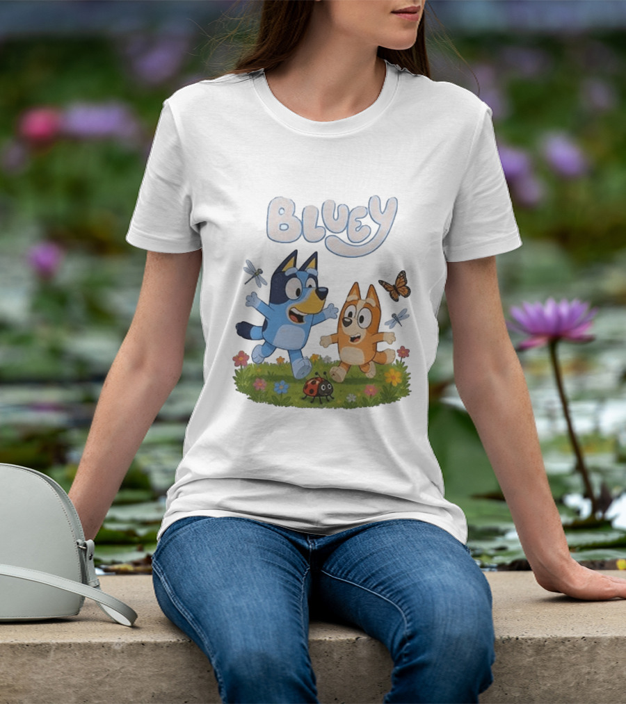 Bluey And Friends Playing With Bugs And Butterflies In The Meadow T-Shirt