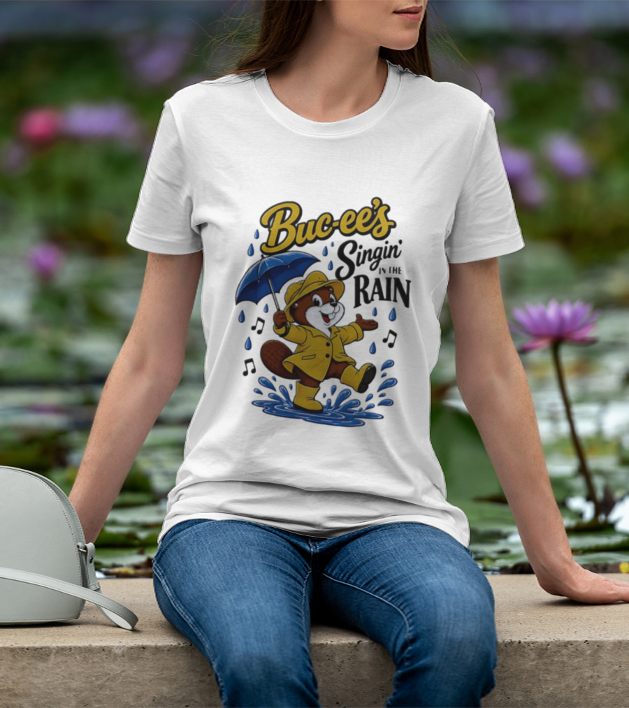 Buc Ee's Singin In The Rain Umbrella Beaver Cheerful Splash T-Shirt