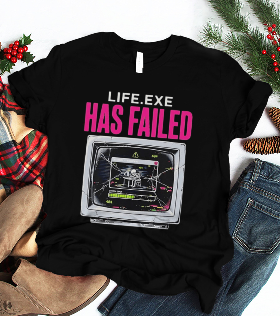 Lifeexe Has Failed System Error 404 Skeleton Computer Retro Monitor T-Shirt