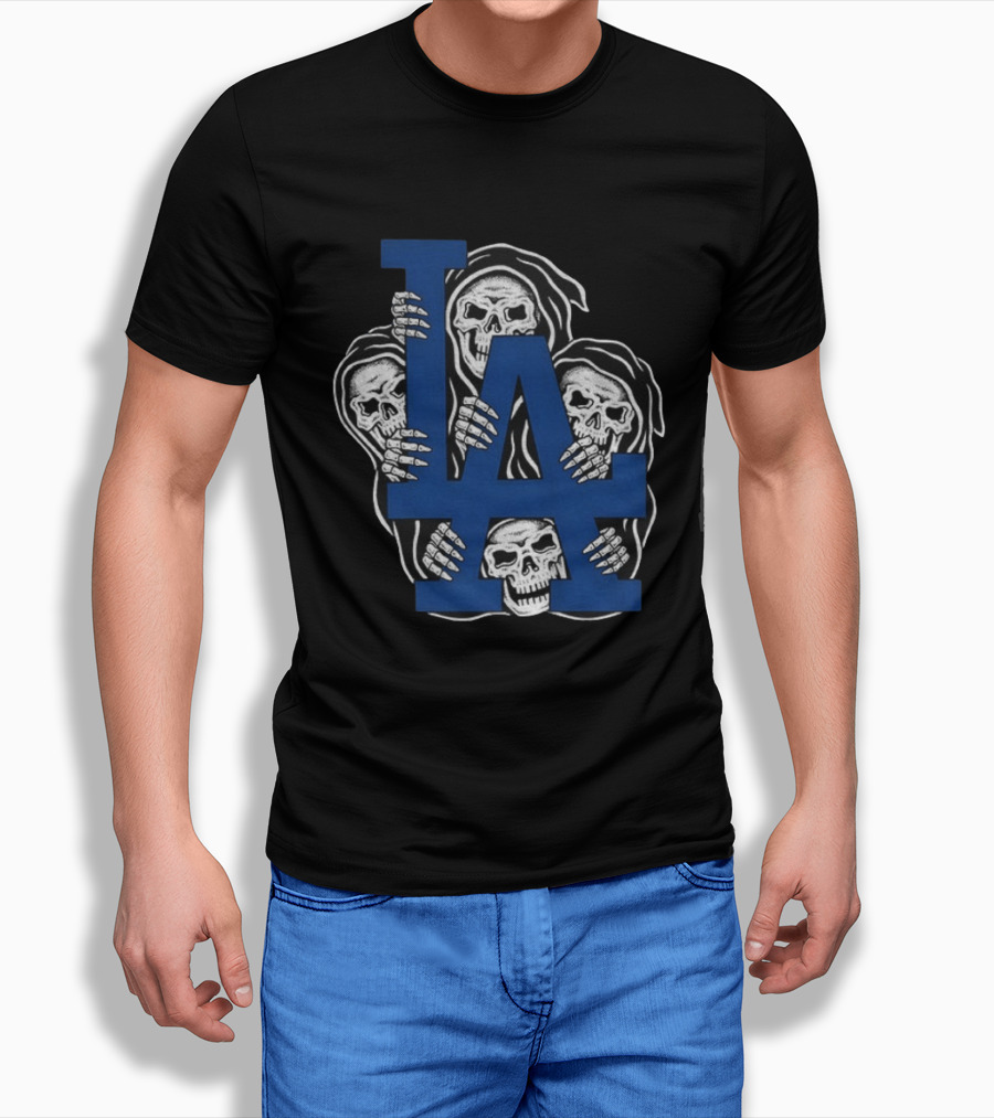 Skeletons Behind LA Dodgers Blue T-Shirt