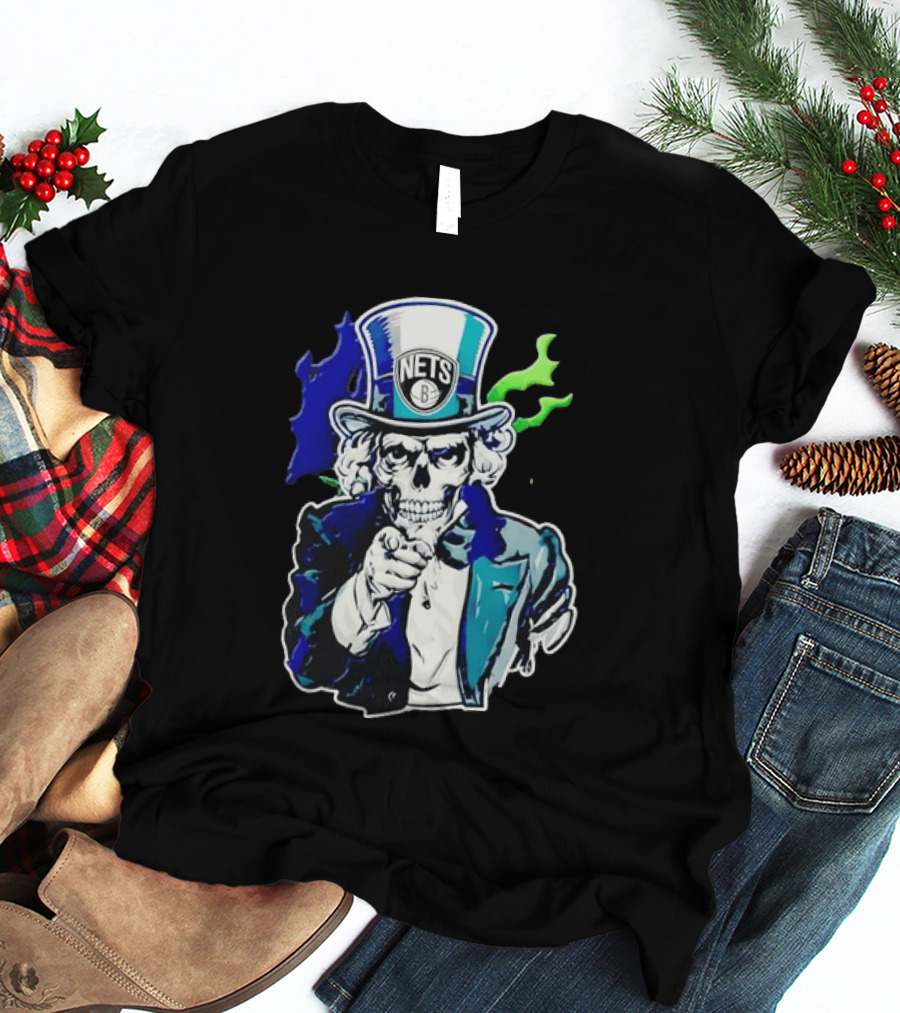 Brooklyn Nets Skeleton Uncle Sam Top Hat Pointing Stripes T-Shirt