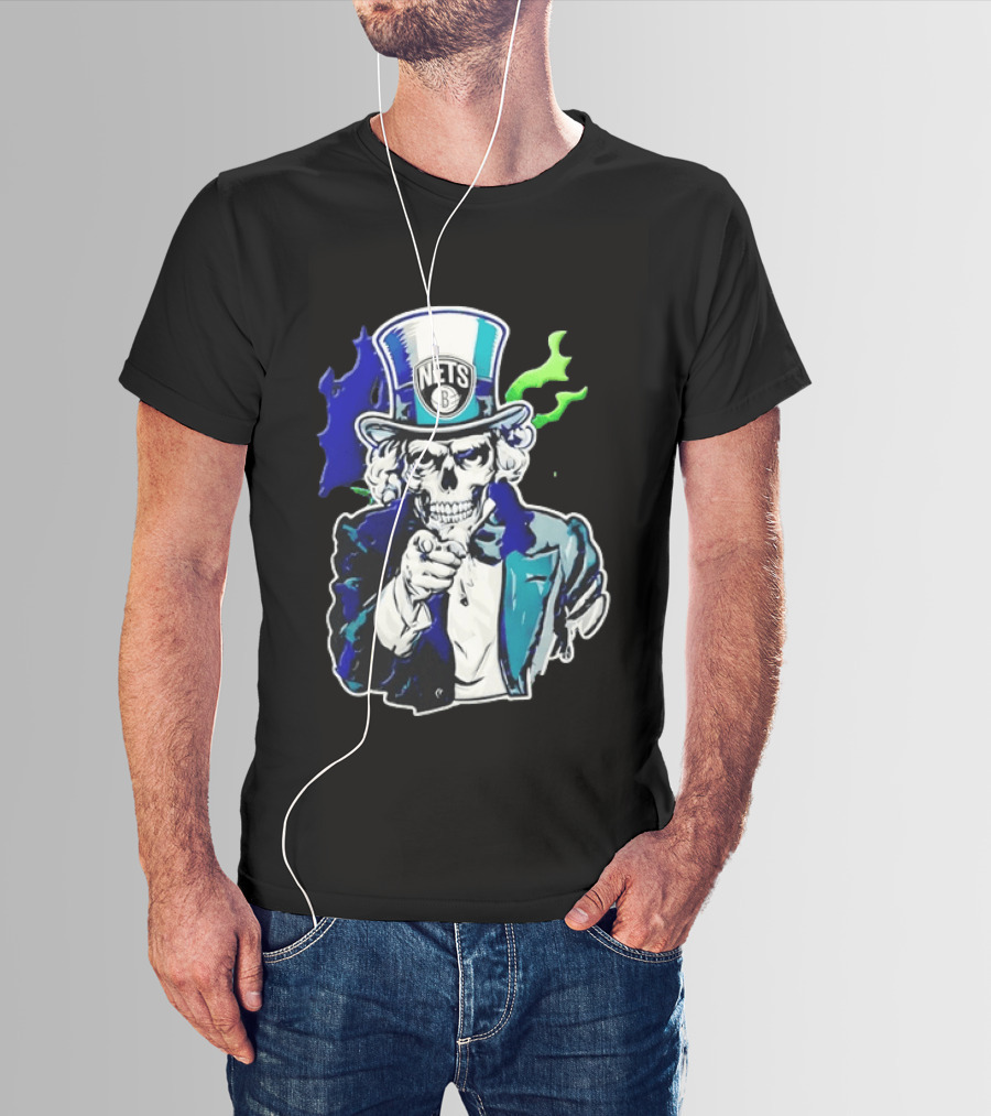 Brooklyn Nets Skeleton Uncle Sam Top Hat Pointing Stripes T-Shirt