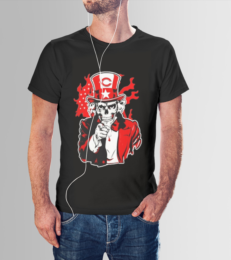 Cincinnati Reds Skeleton Uncle Sam Pointing US Flag Flames T-Shirt