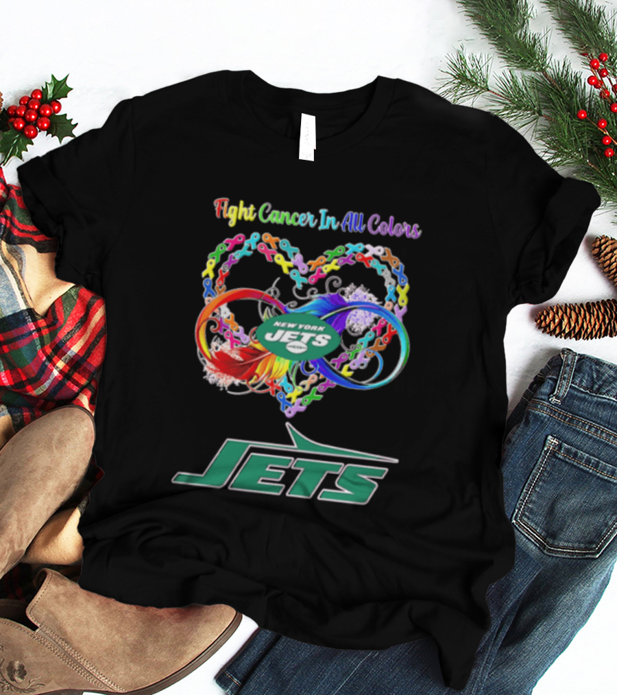 New York Jets Fight Cancer Rainbow Ribbons Infinity Heart Feather T-Shirt