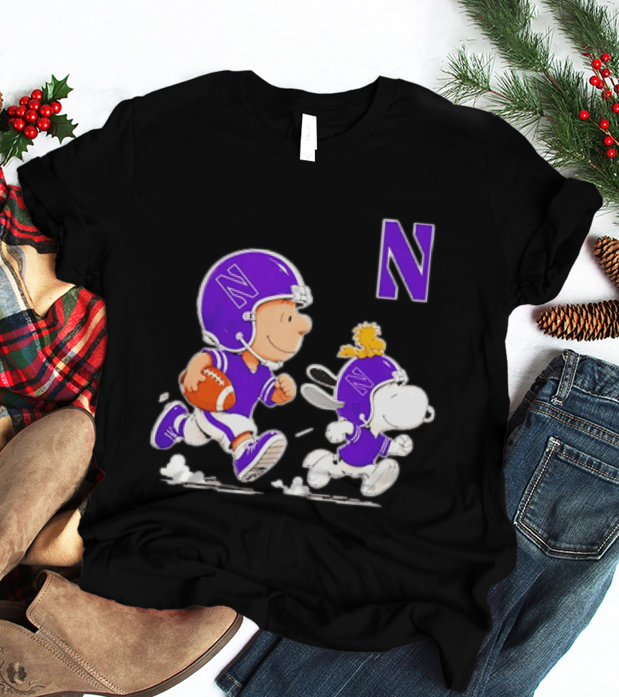 Northwestern Wildcats Charlie Brown Woodstock Snoopy Football Running T-Shirt