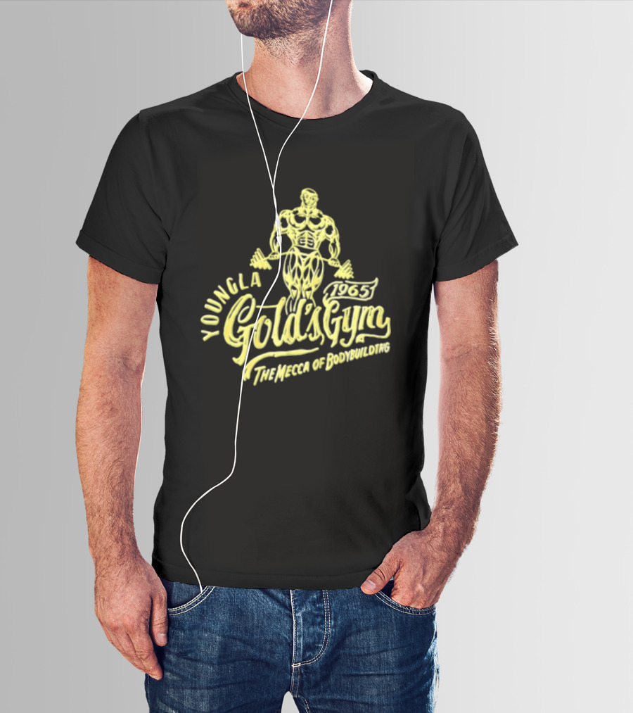 Youngla Golds Gym 1965 The Mecca Of Bodybuilding Muscular Man Holding Barbell T-Shirt