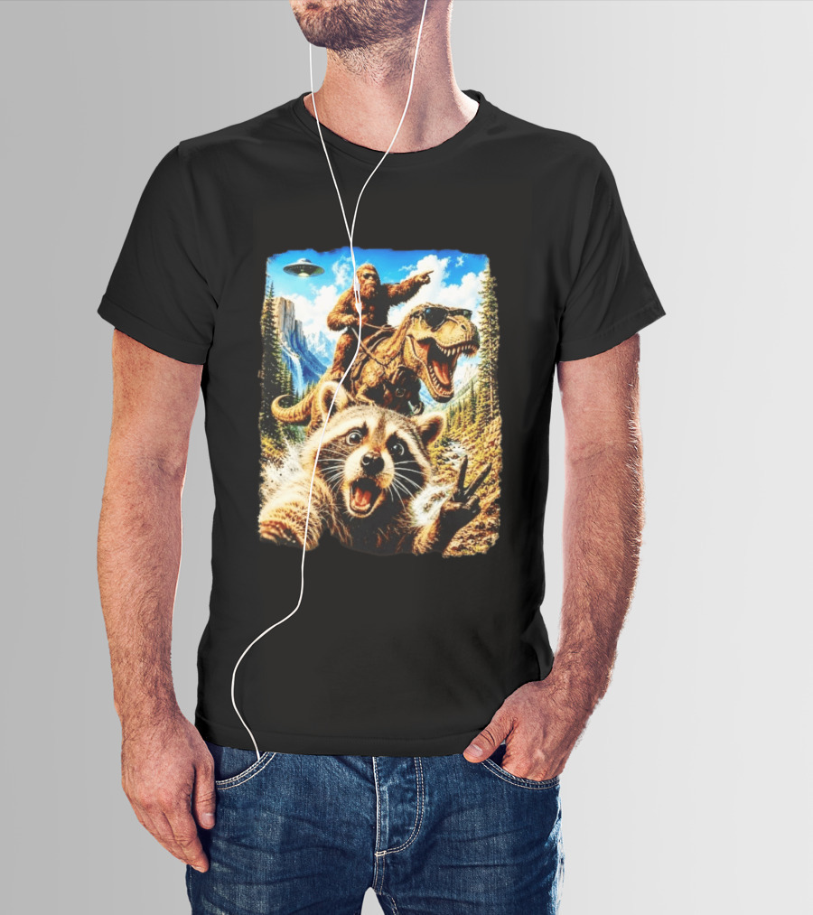Raccoon Selfie Bigfoot Rex Adventure With UFO And Mountains T-Shirt