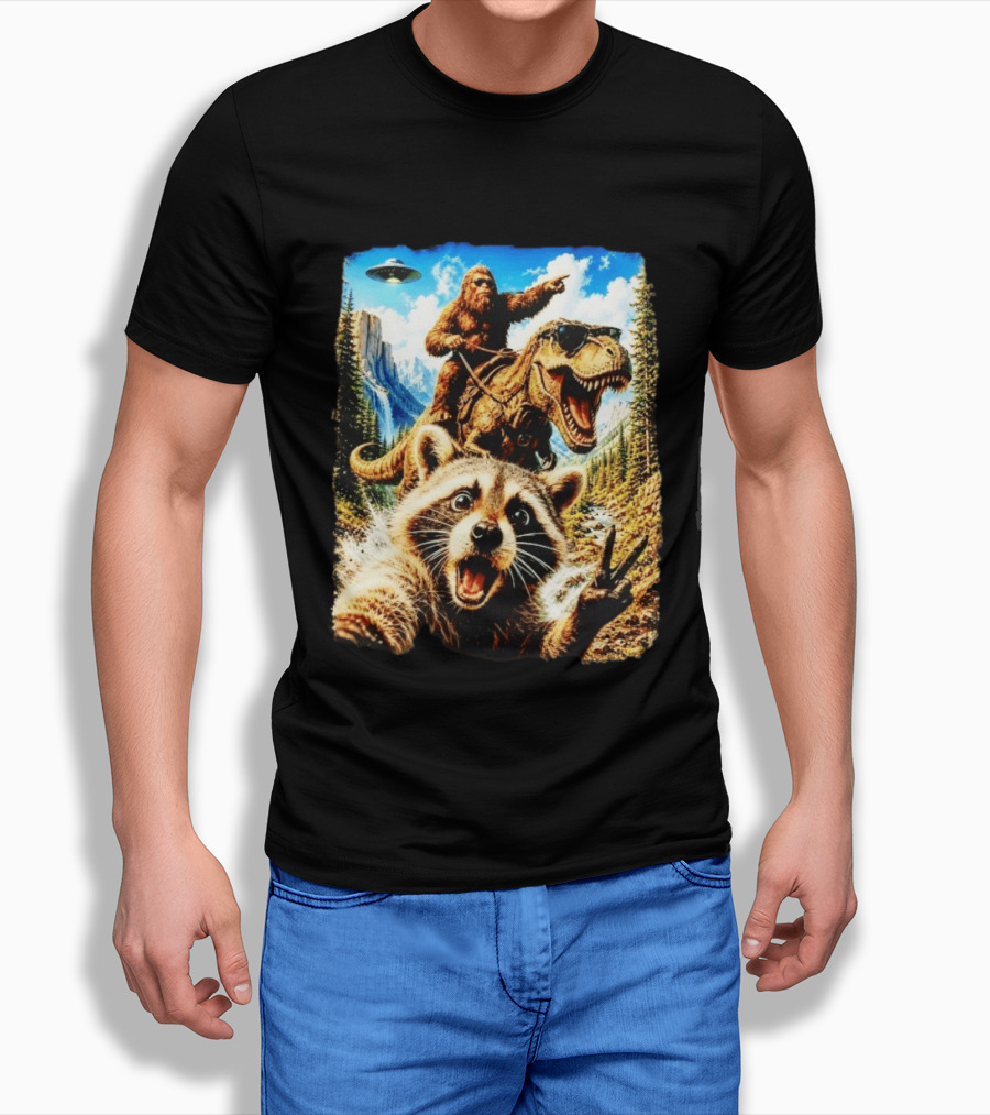 Raccoon Selfie Bigfoot Rex Adventure With UFO And Mountains T-Shirt