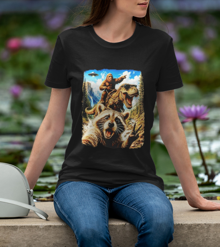 Raccoon Selfie Bigfoot Rex Adventure With UFO And Mountains T-Shirt