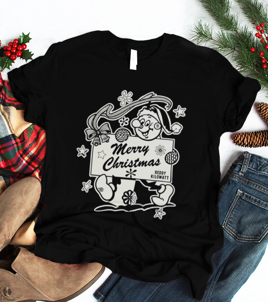 Reddy Kilowatt Merry Christmas Holiday Print Concept With Snowflakes T-Shirt