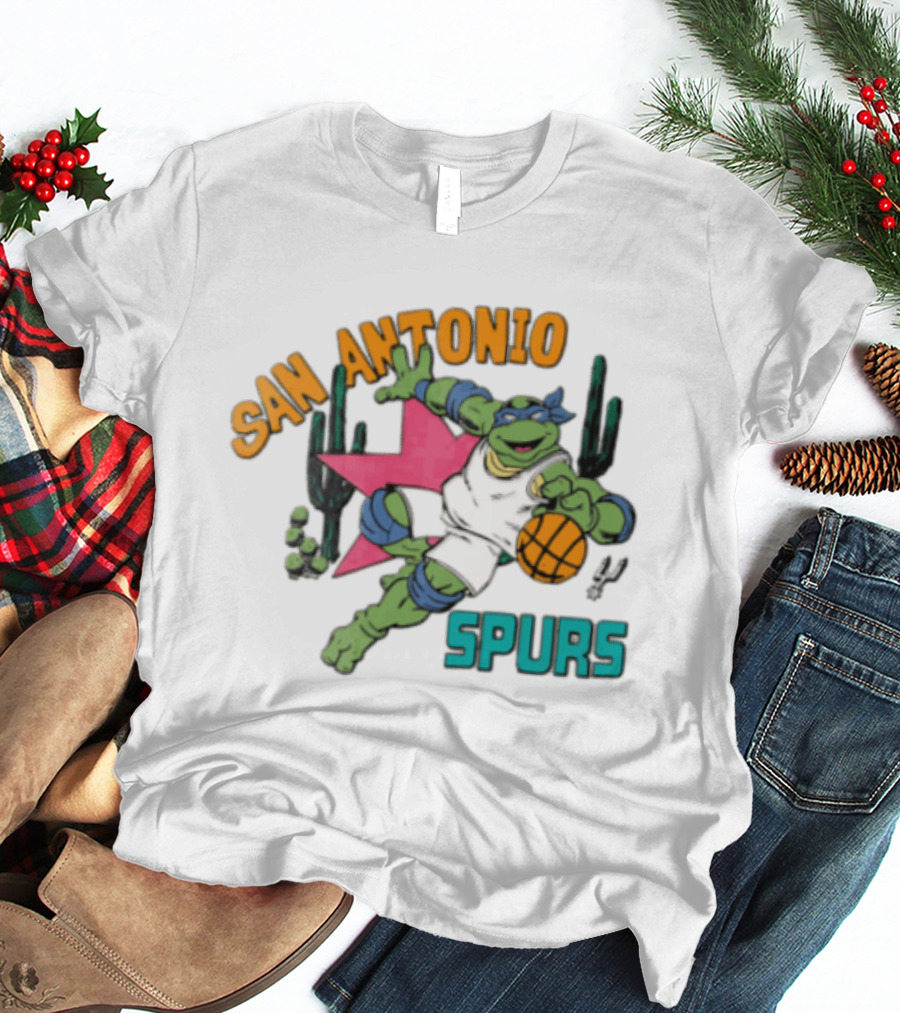 San Antonio Spurs Cartoon Turtle Dribbling Basketball Cacti T-Shirt