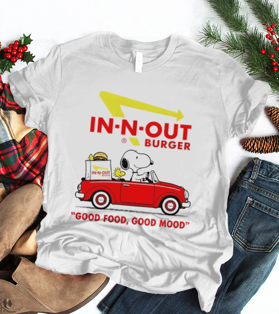 In N Out Burger Snoopy Woodstock Driving Red Convertible Good Food Good Mood T-Shirt