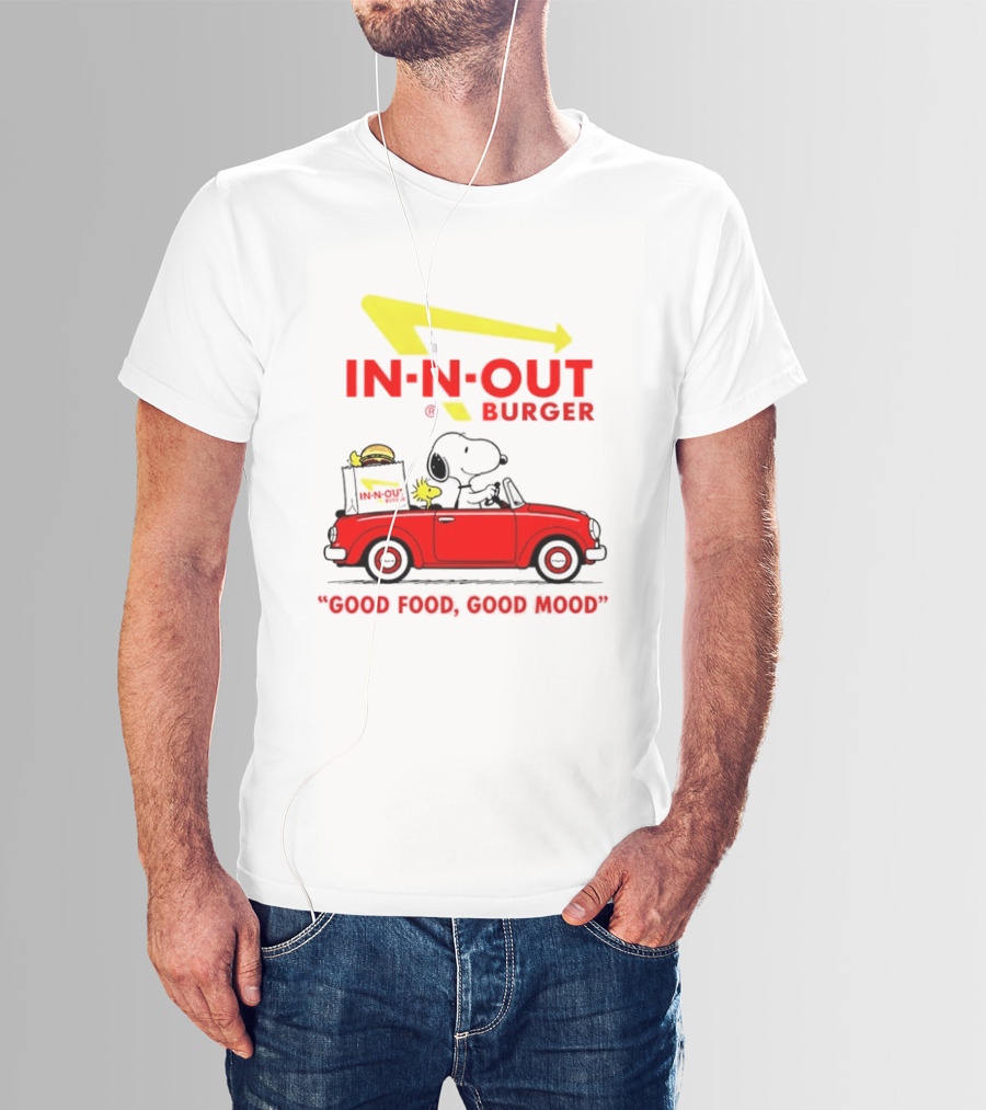 In N Out Burger Snoopy Woodstock Driving Red Convertible Good Food Good Mood T-Shirt
