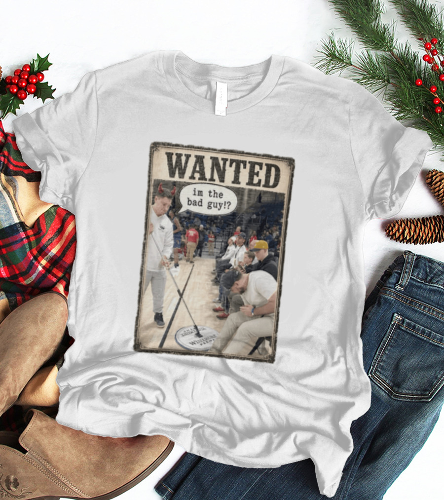Wanted Im The Bad Guy Wintrust Arena Man Sweeping Floor Devil Horns T-Shirt
