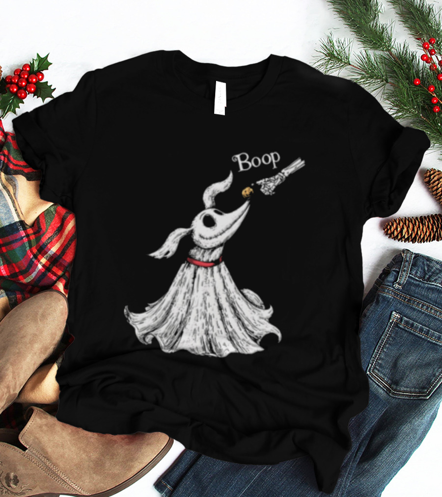 Boop Skeletal Hand Touching Pumpkin Nose With Ghostly Dog Line Sketch T-Shirt