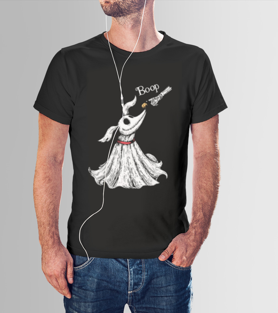 Boop Skeletal Hand Touching Pumpkin Nose With Ghostly Dog Line Sketch T-Shirt