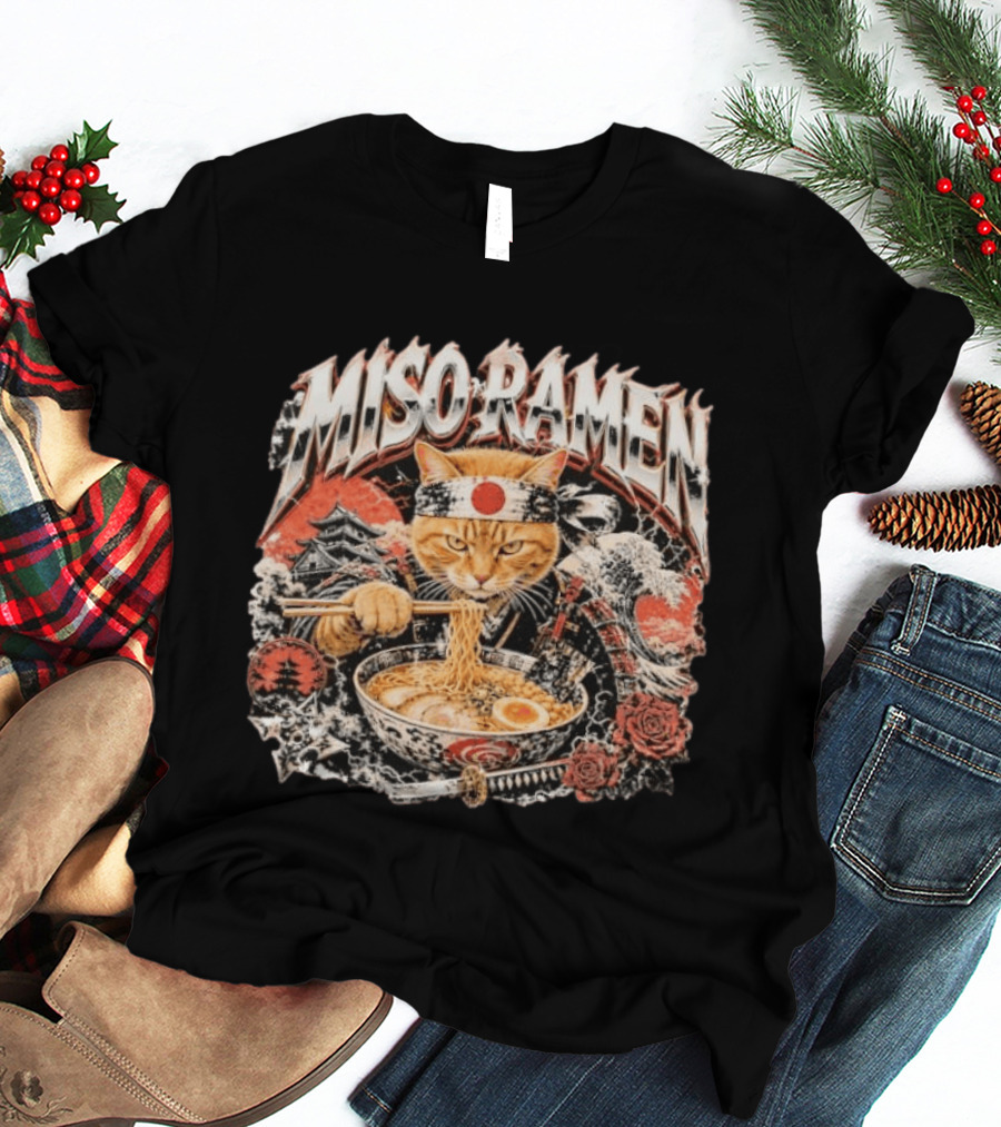 Miso Ramen Samurai Cat Japanese Foodie Bowls Japan Culture T-Shirt