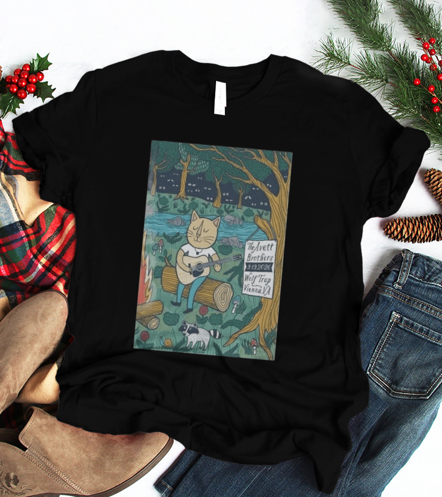 The Avett Brothers Wolf Trap Vienna Virginia 2026 Concert Cat Playing Guitar In Forest Scene T-Shirt