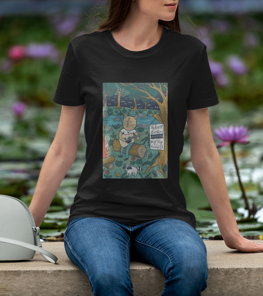 The Avett Brothers Wolf Trap Vienna Virginia 2026 Concert Cat Playing Guitar In Forest Scene T-Shirt