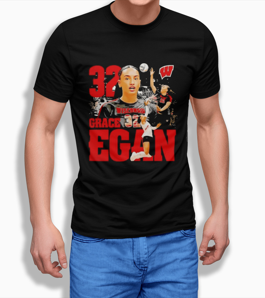 Grace Egan Wisconsin Volleyball 32 NCAA Team Player Action T-Shirt