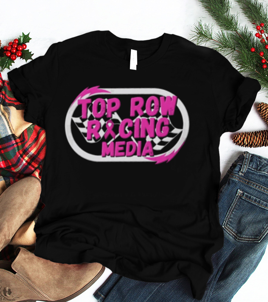 Top Row Racing Media Pink Checkered Flags Ribbon T-Shirt