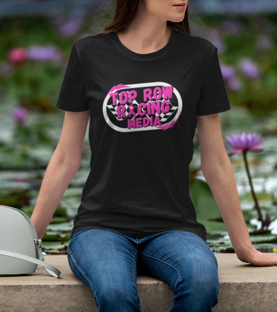 Top Row Racing Media Pink Checkered Flags Ribbon T-Shirt