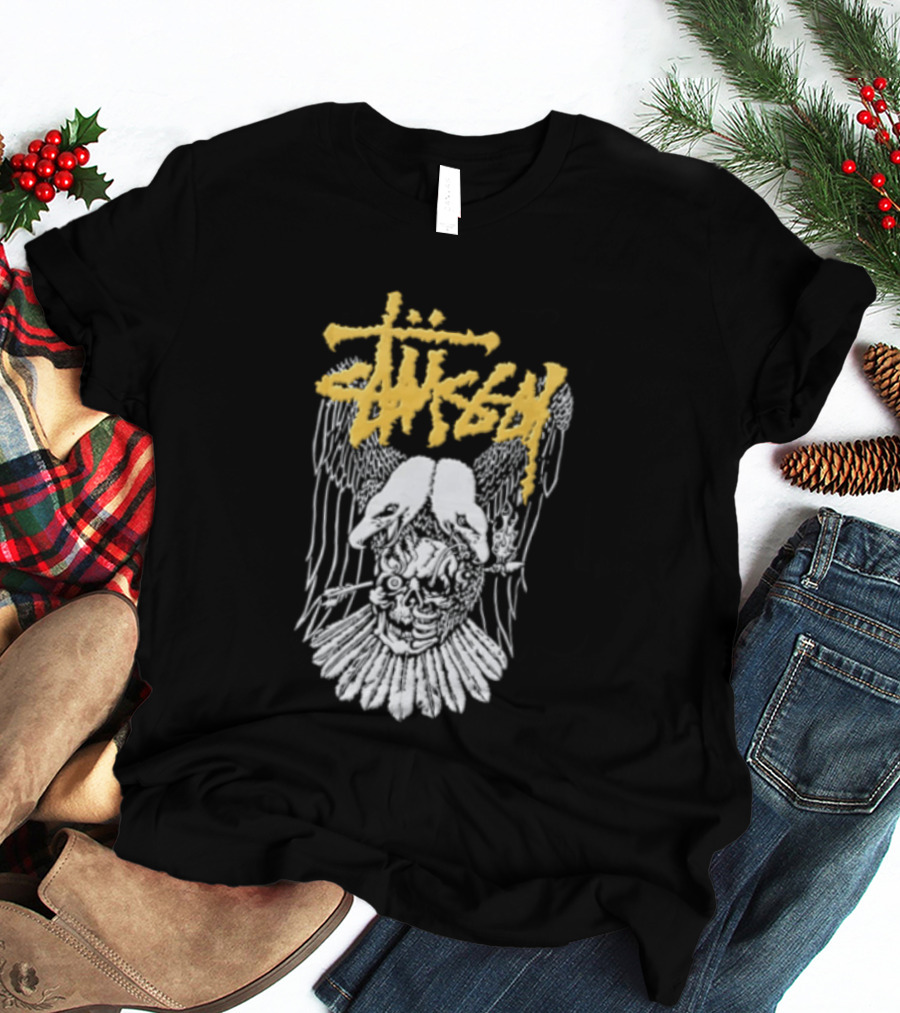Stussy Two Headed Eagle Skull Yellow Text White Sketch T-Shirt