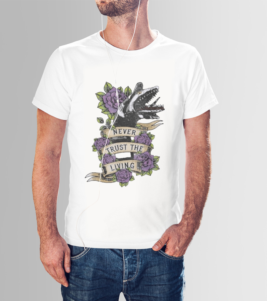 Beetlejuice Never Trust The Living Floral Banner With Sandworm And Purple Roses T-Shirt