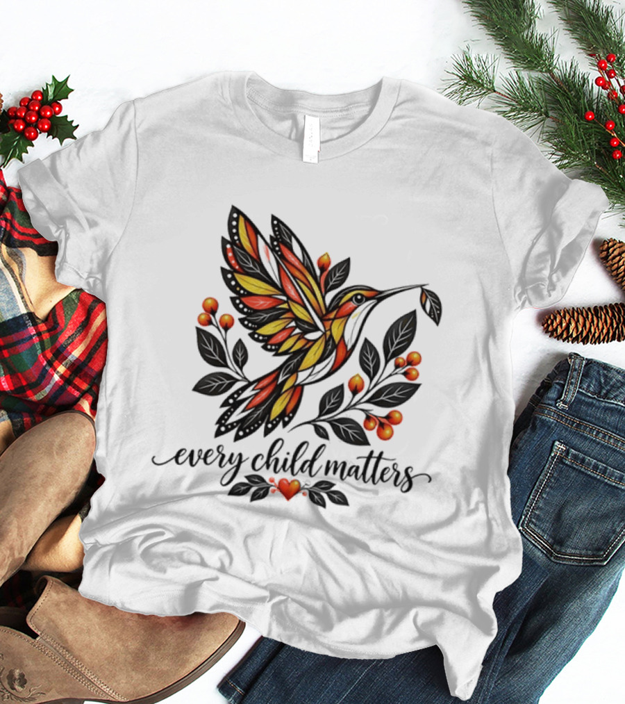 Every Child Matters Hummingbird Orange Awareness Floral Heart T-Shirt