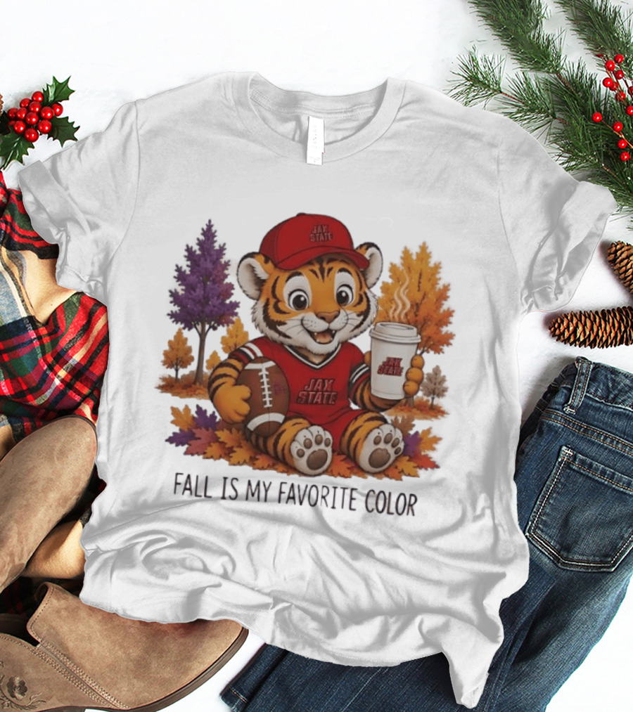 Jax State Tiger Fall Is My Favorite Color Cute Cartoon Tiger Football Autumn Leaves T-Shirt