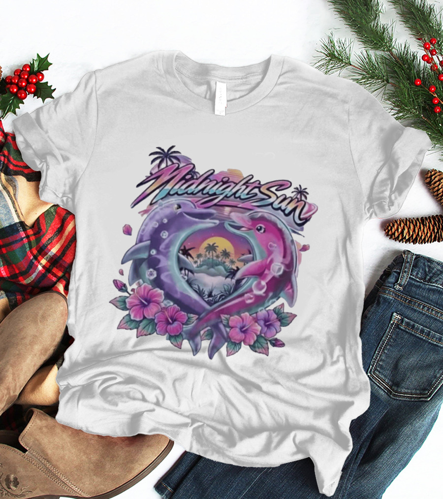Midnight Sun Heart Dolphins Tropical Sunset T-Shirt