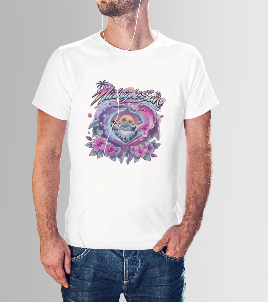 Midnight Sun Heart Dolphins Tropical Sunset T-Shirt