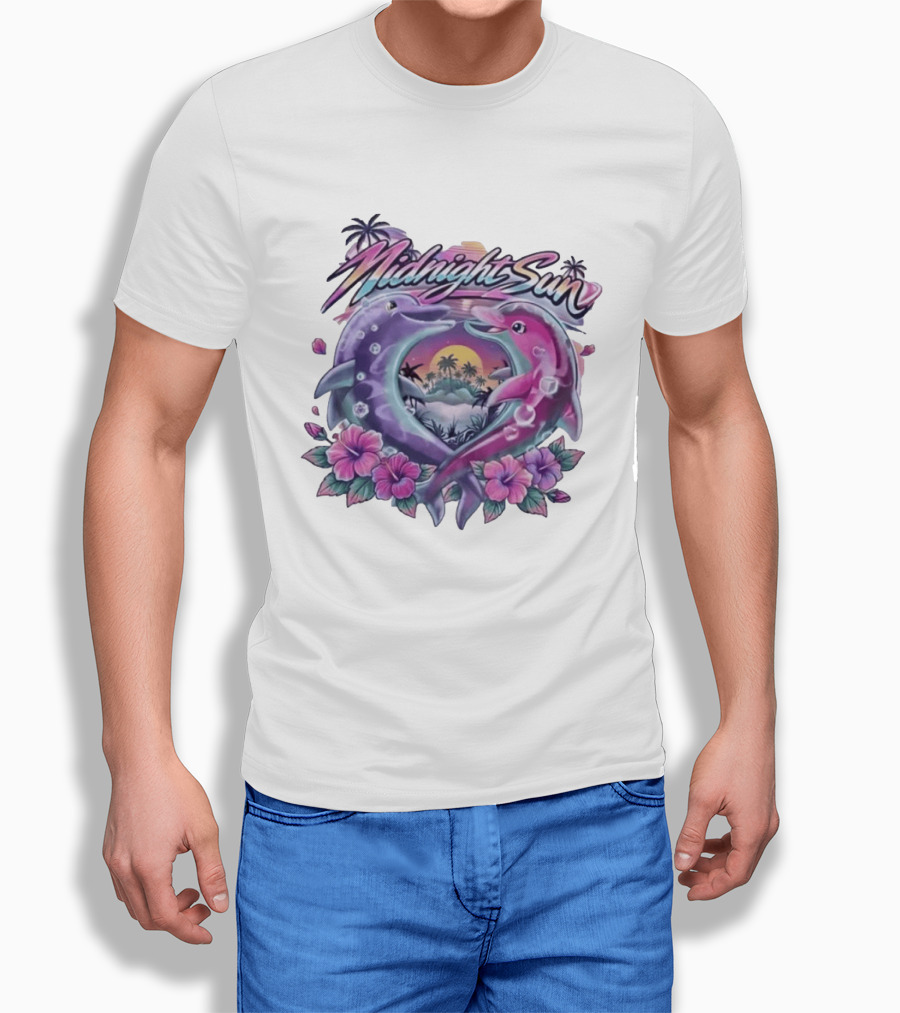 Midnight Sun Heart Dolphins Tropical Sunset T-Shirt