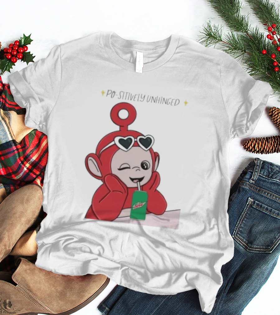 Po Sitively Unhinged Funny Red Teletubby Heart Sunglasses Drinking Mtn Dew T-Shirt