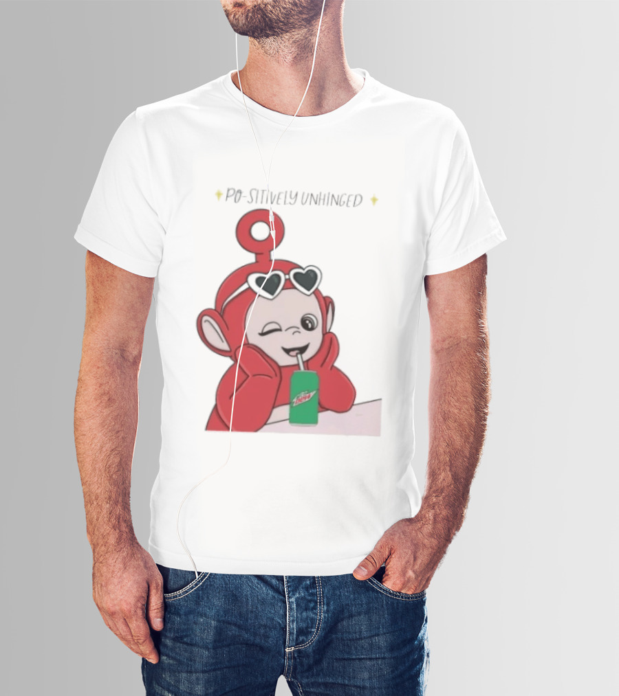 Po Sitively Unhinged Funny Red Teletubby Heart Sunglasses Drinking Mtn Dew T-Shirt