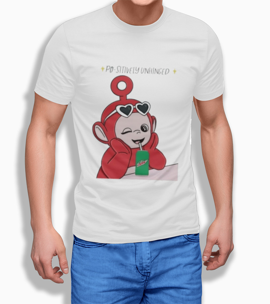 Po Sitively Unhinged Funny Red Teletubby Heart Sunglasses Drinking Mtn Dew T-Shirt