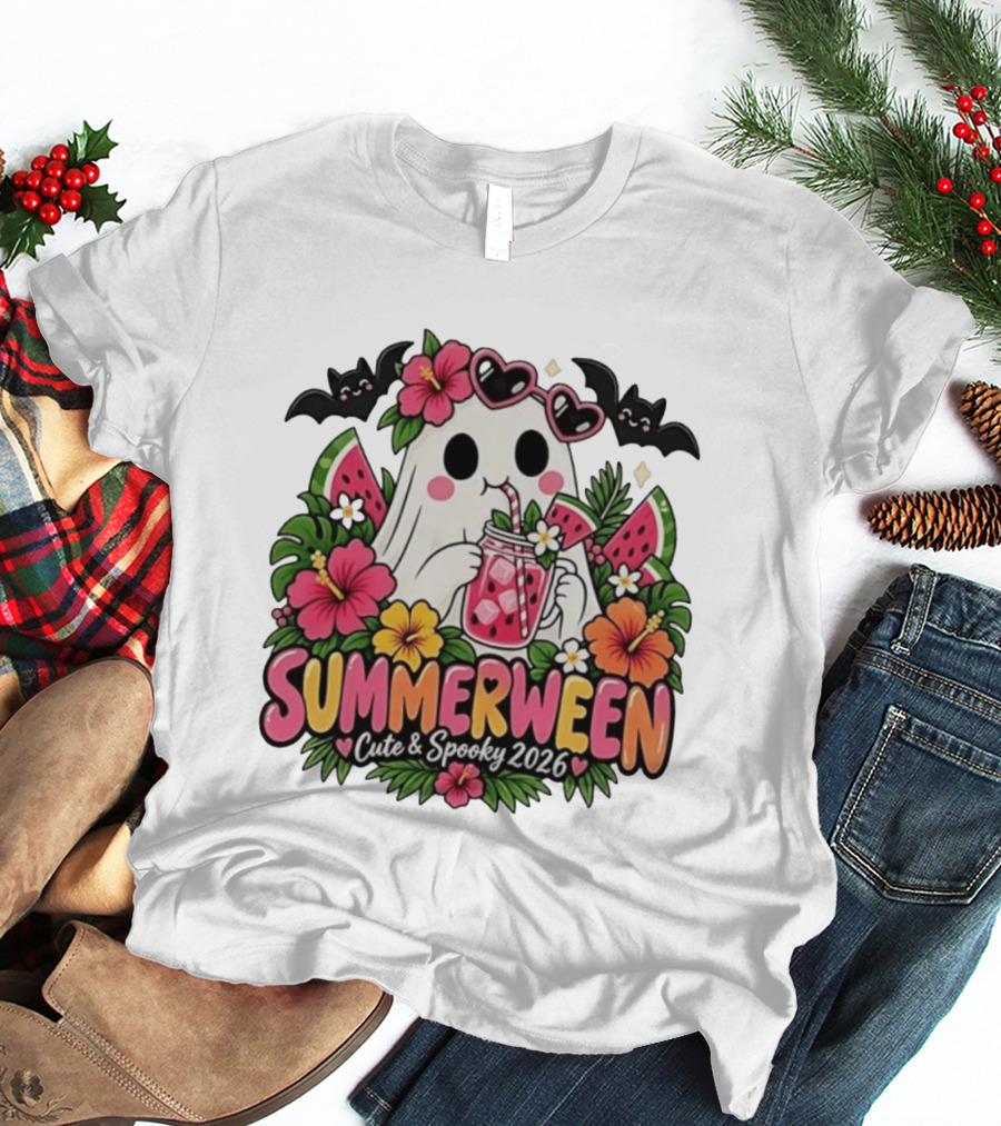 Summerween Cute And Spooky 2026 Ghost With Tropical Flowers And Bats T-Shirt