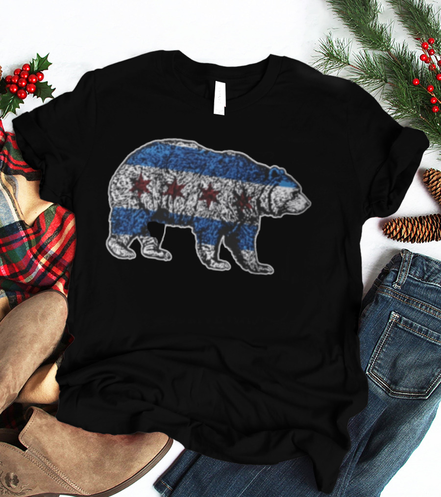 Chicago Bears Grizzly Bear Chicago Flag Stars Blue Stripes T-Shirt
