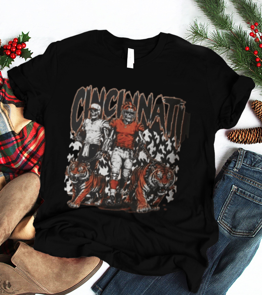 Cincinnati Bengals Skeleton Football Players Walking Tigers T-Shirt