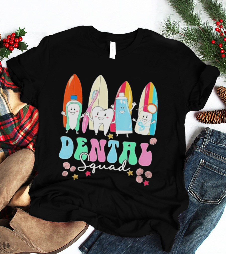 Dental Squad Toothpaste Toothbrush Floss Surfboards Fun Playful T-Shirt