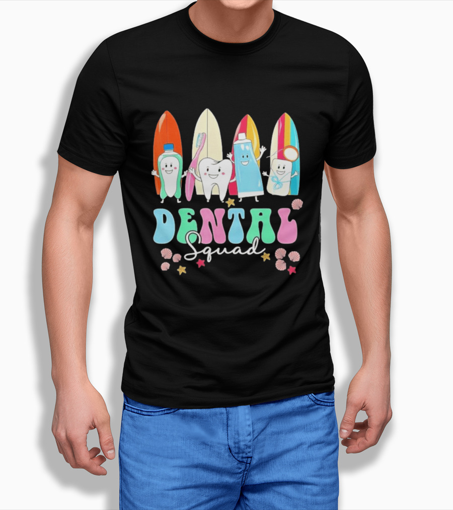 Dental Squad Toothpaste Toothbrush Floss Surfboards Fun Playful T-Shirt