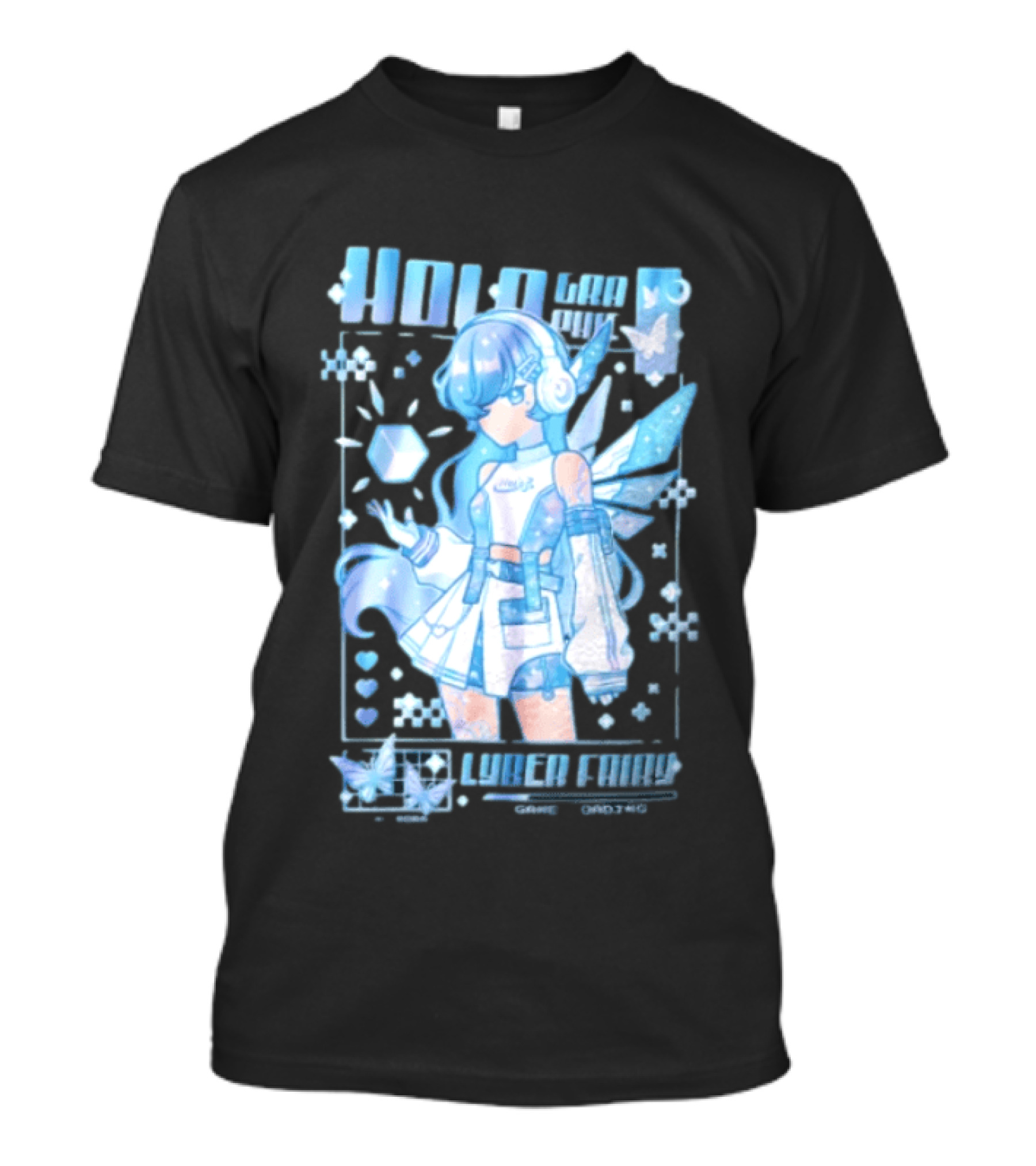 Holographic Cyber Fairy Game Loading Anime Girl Headphones Wings Butterflies Cube T-Shirt