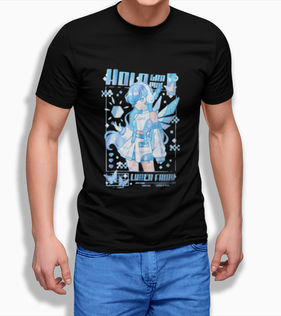 Holographic Cyber Fairy Game Loading Anime Girl Headphones Wings Butterflies Cube T-Shirt