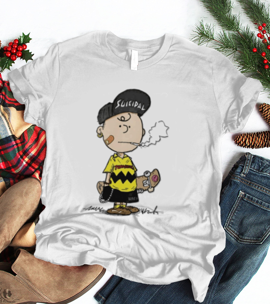 Charlie Brown Cartoon Boy Smoking Skateboard Punk Scumbag Thrasher T-Shirt