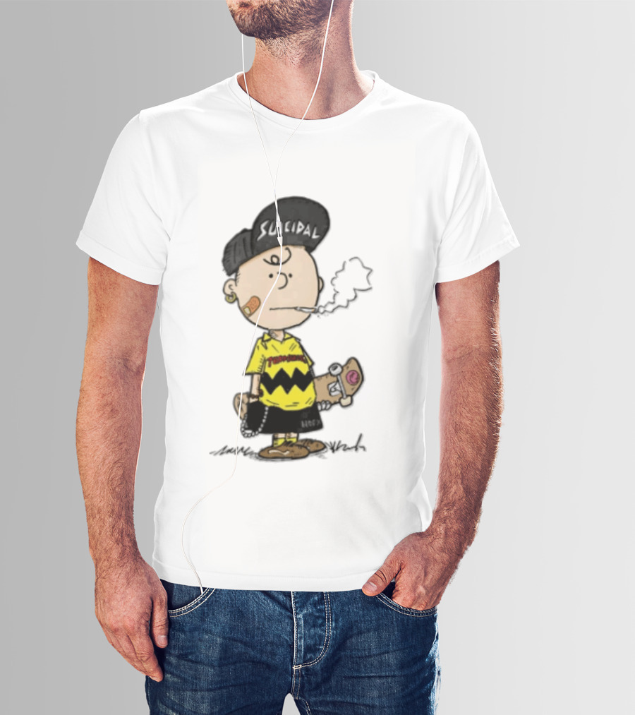 Charlie Brown Cartoon Boy Smoking Skateboard Punk Scumbag Thrasher T-Shirt