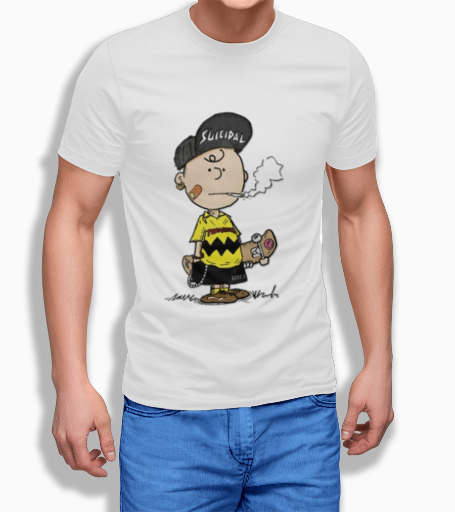 Charlie Brown Cartoon Boy Smoking Skateboard Punk Scumbag Thrasher T-Shirt