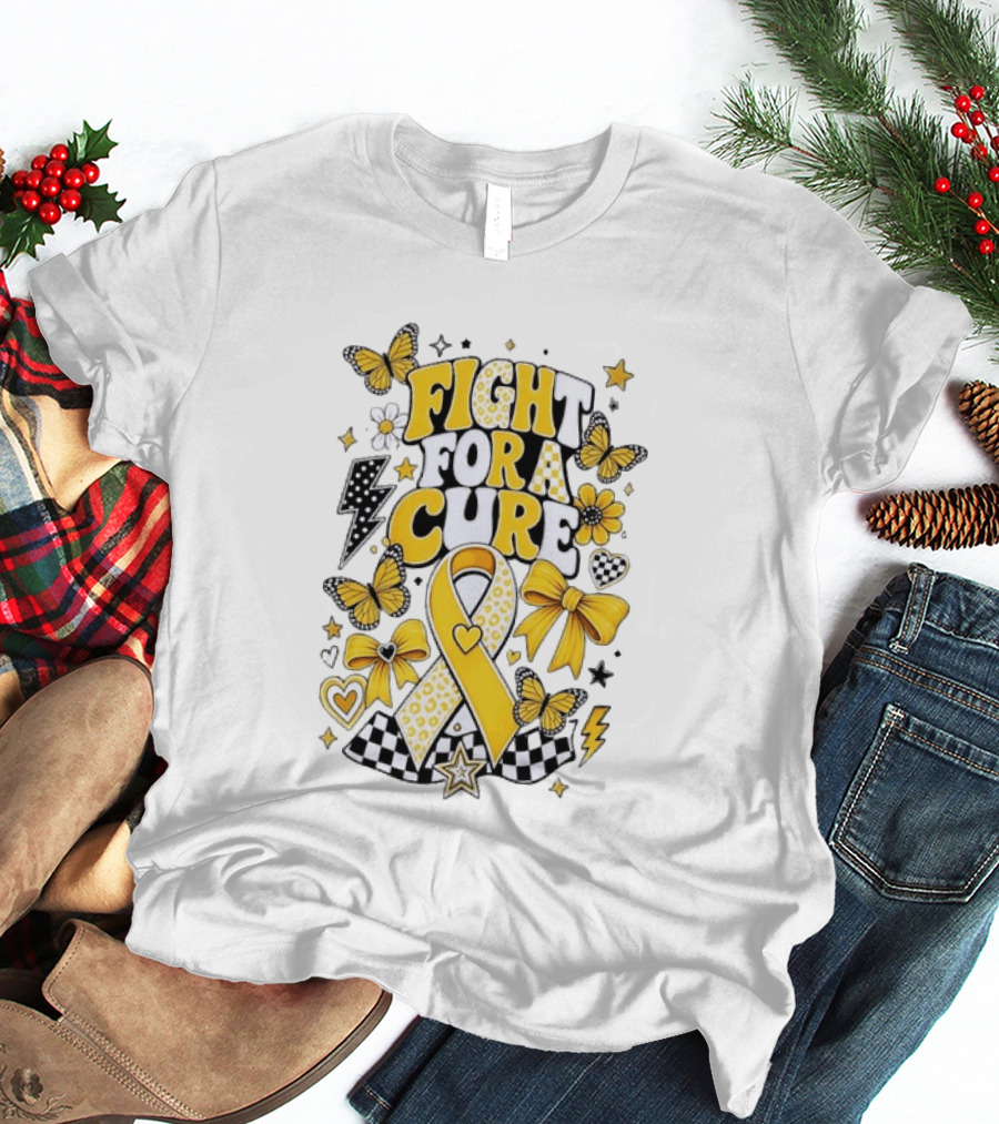 Fight For A Cure Yellow Ribbon Awareness Butterfly And Bow T-Shirt