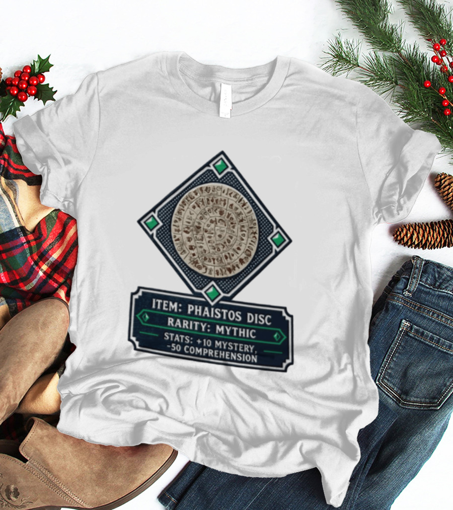 Item Phaistos Disc Rarity Mythic Stats +10 Mystery 50 Comprehension T-Shirt