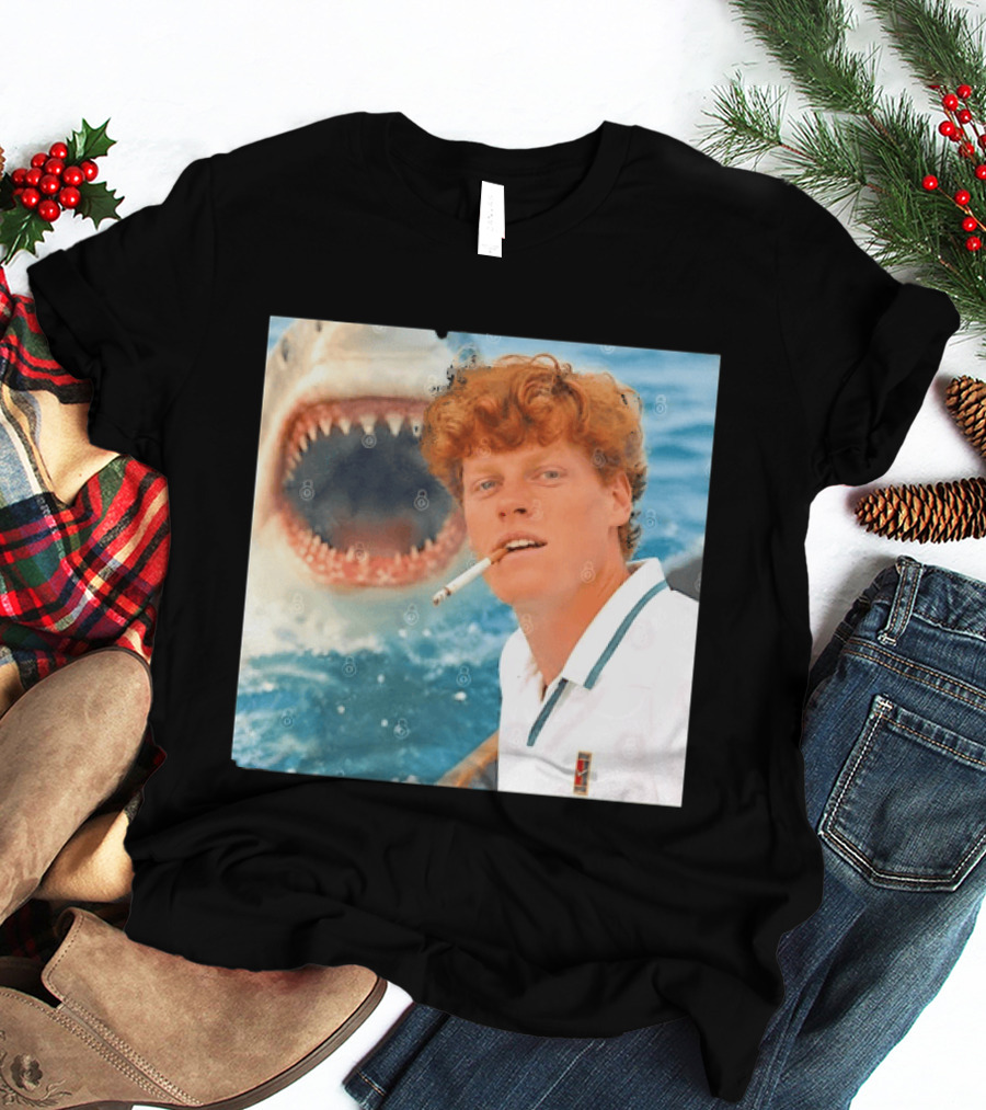 Jannik Sinner Smoking With Great White Shark Tennis Image T-Shirt